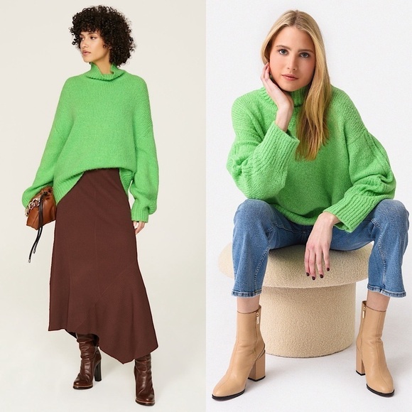 ALC Mint Alpaca Merino Wool Knit Oversized Slouchy Pullover Turtleneck Sweater S - Picture 1 of 16